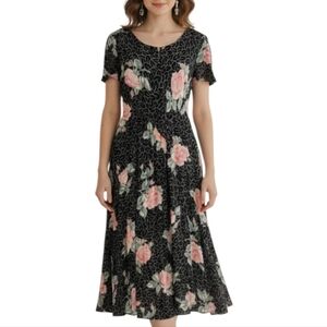Vintage Starina Black Pink Rose Floral Midi Dress Large Romantic 90s Whimsygoth